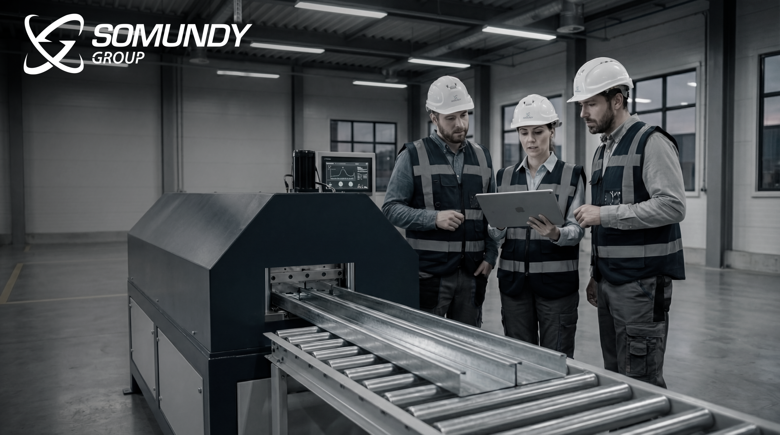 Technical experts performing quality control on galvanized steel profiles during the industrial manufacturing process.